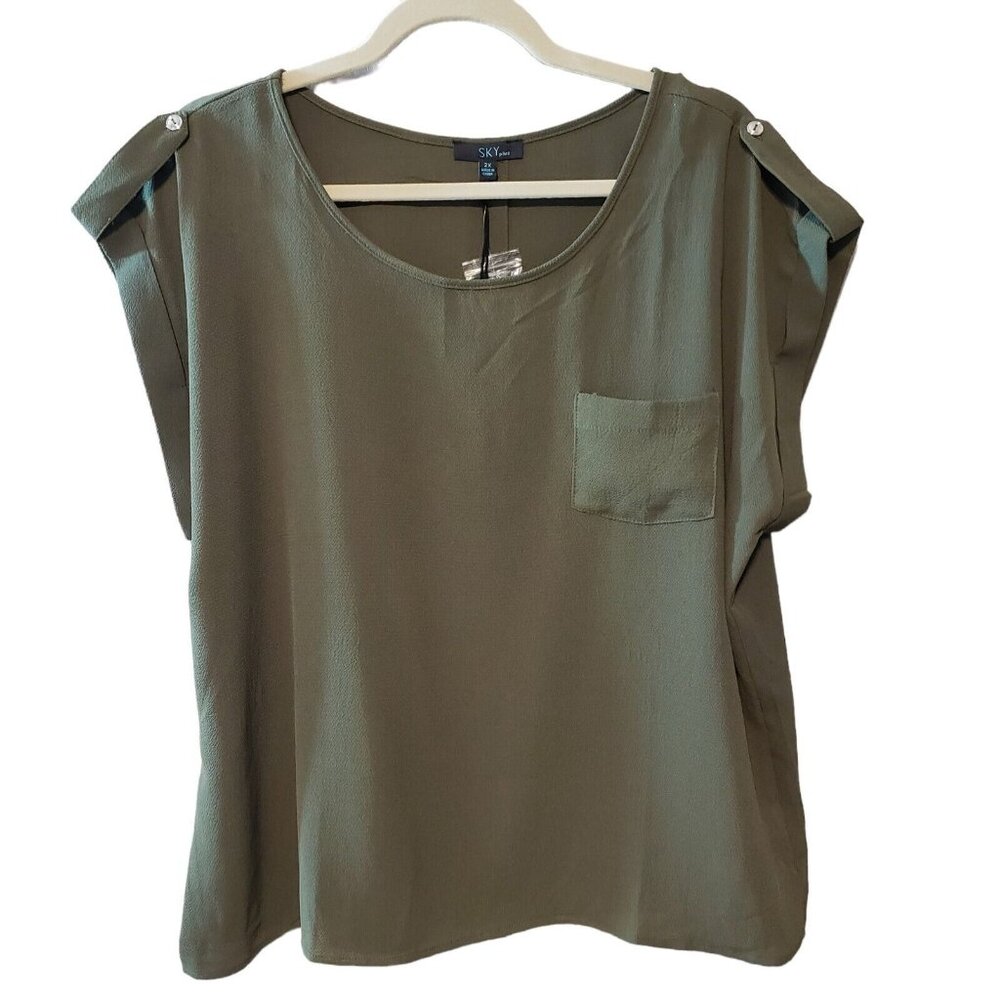 Sky Plus Womens Olive Button-Back 2X Blouse With Pocket & Shoulder‎ Detail